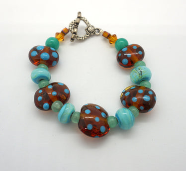 Amber and Aqua lampwork glass bead bracelet