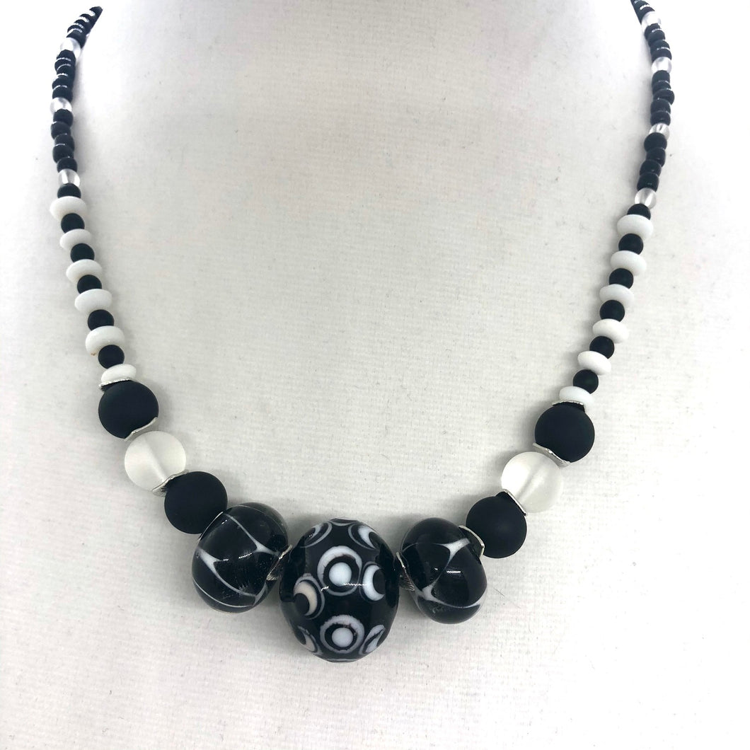 Black and White Lampwork Glass Bead Necklace