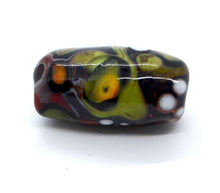 Load image into Gallery viewer, Single lampwork glass bead in black with green and colourful design