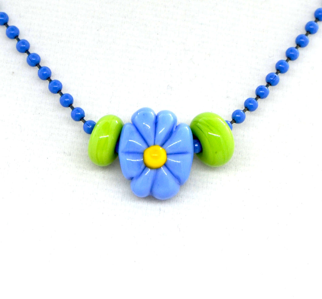 Medium blue flower lampwork glass beads on ball chain