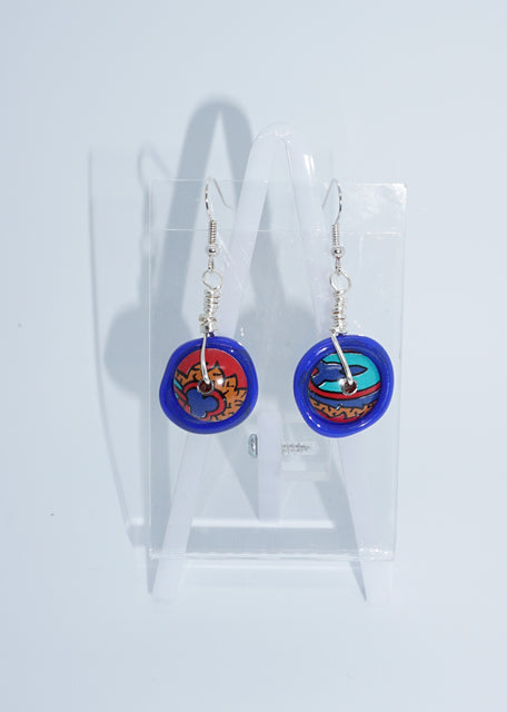 Lampwork glass bead earrings in blue and red with tin