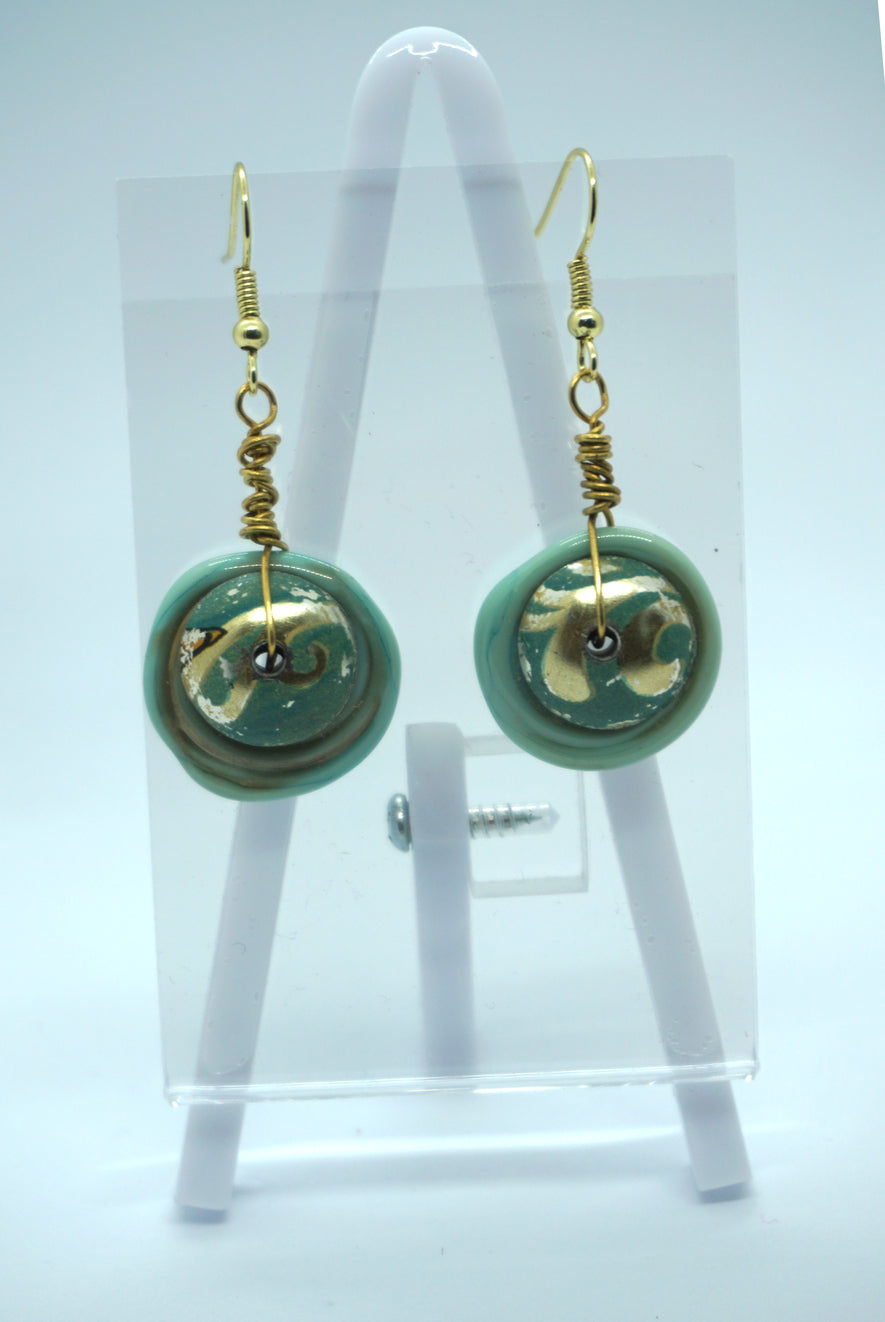 Lampwork Glass bead and vintage tin earrings in aqua and gold tone