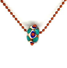 Load image into Gallery viewer, Lampwork glass bead on ball chain in terracotta, white, teal, blue.
