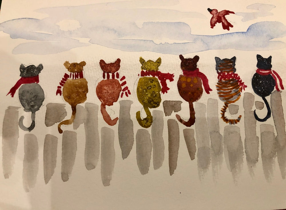 Cats on a Fence Watercolour Card