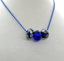 Load image into Gallery viewer, 3 Lampwork glass beads on ball chain in blue, green and black
