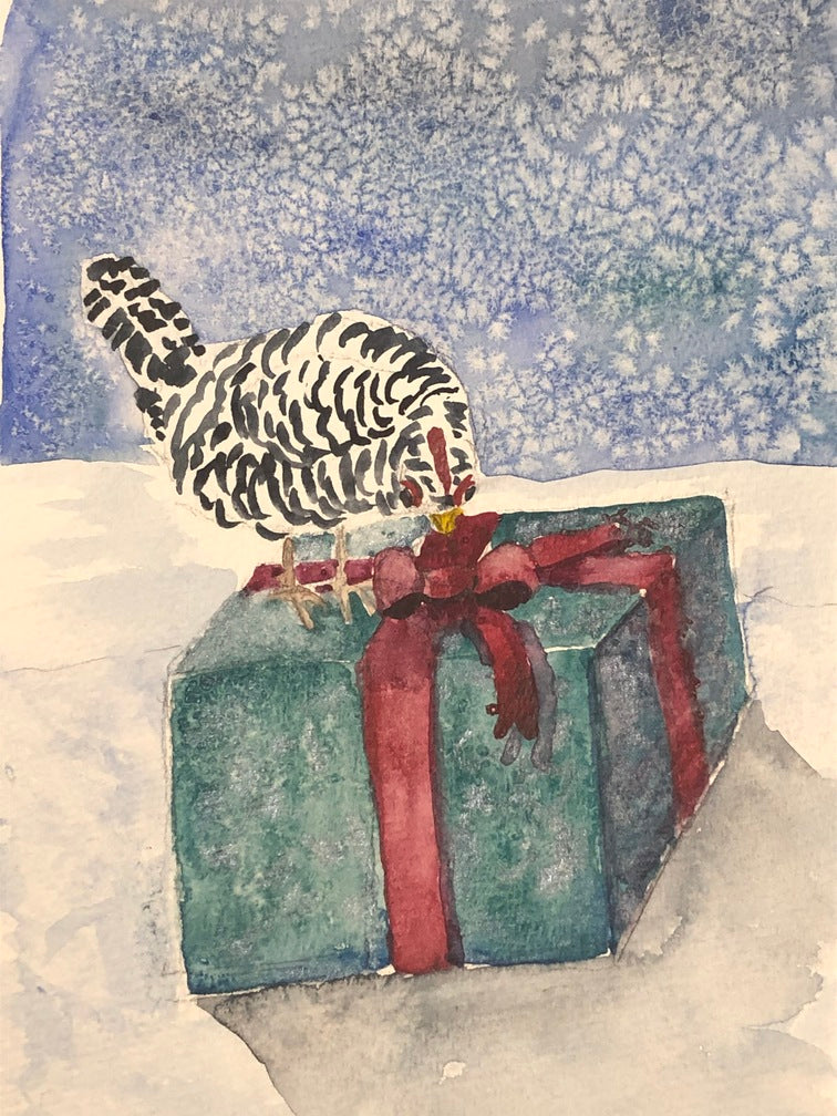 Christmas Card - Chicken on present