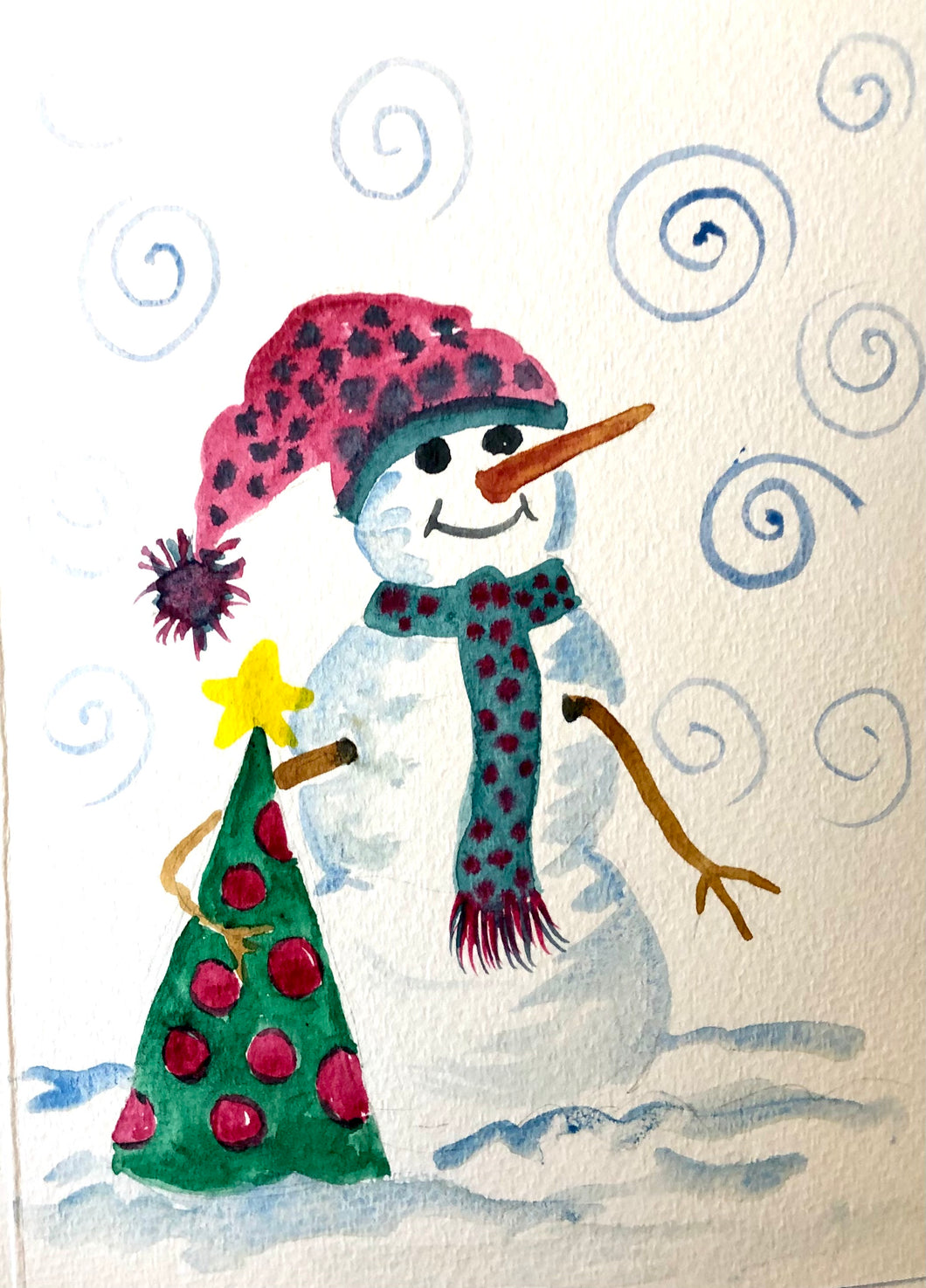 Snowman with Christmas Tree Watercolour Card
