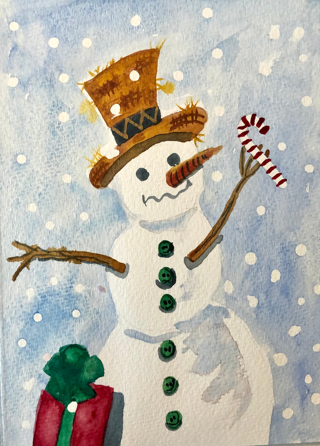 Snowman with gift Watercolour Card
