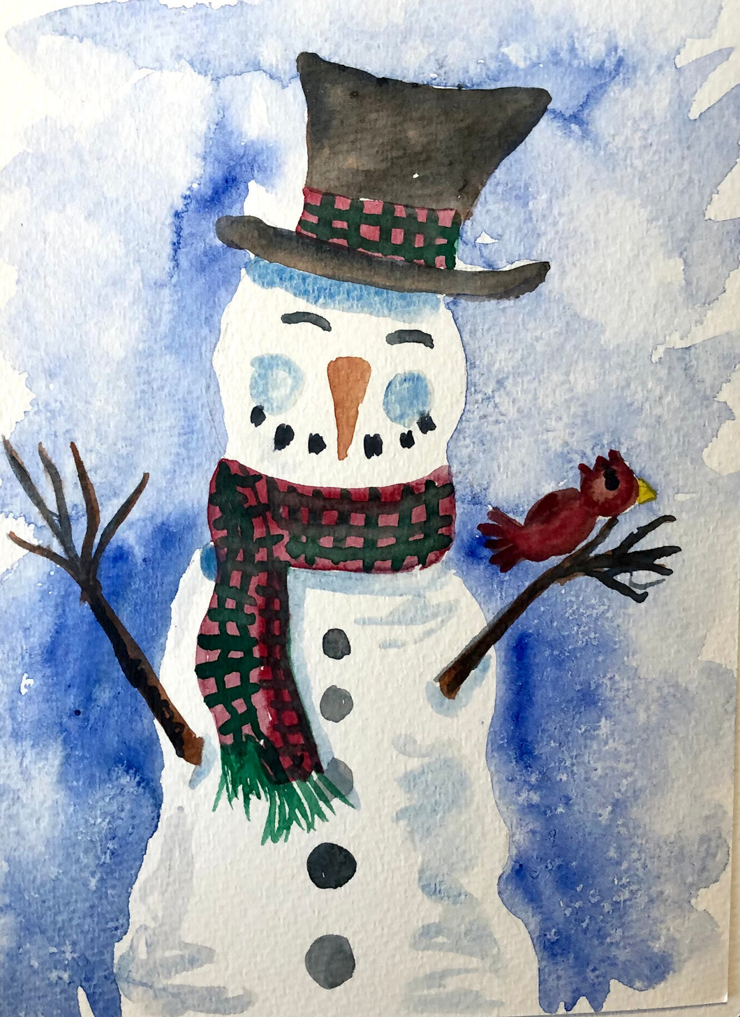 Snowman with bird Watercolour Card