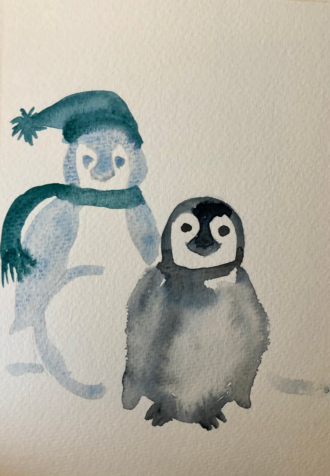 Penguin and Snow Penguin Watercolour Card