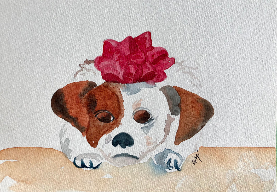 Little Dog with Christmas Bow Watercolour Card