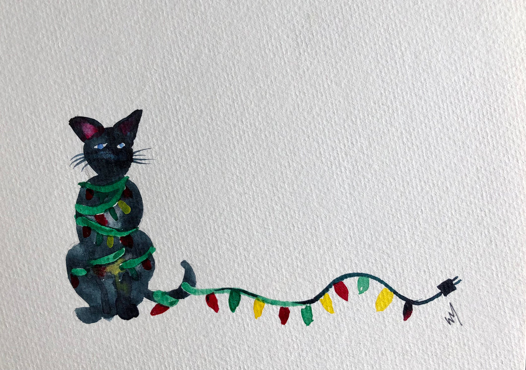 Cat Tangled in Christmas Lights Watercolour Card