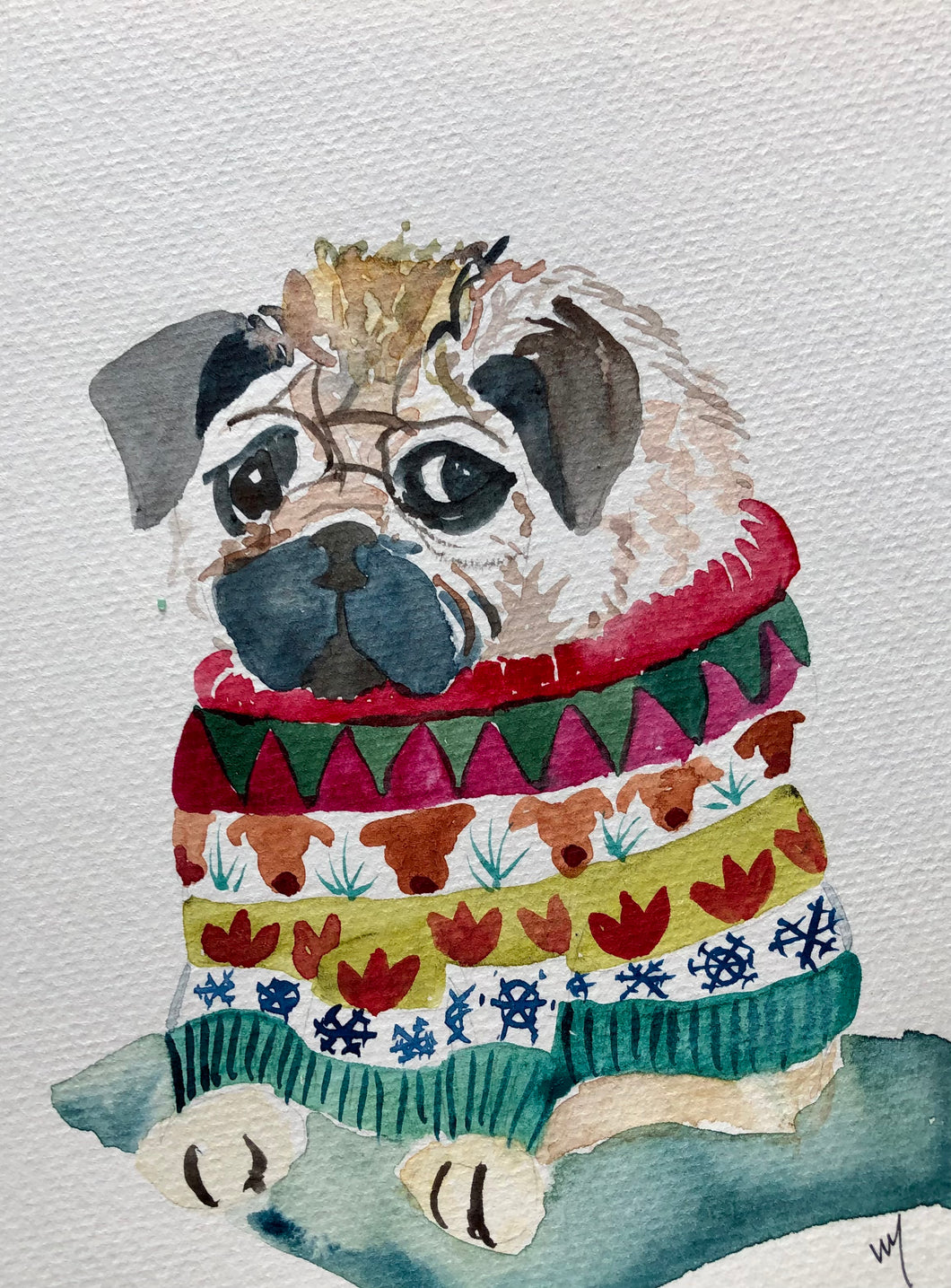 Dog in Christmas Sweater Watercolour Card