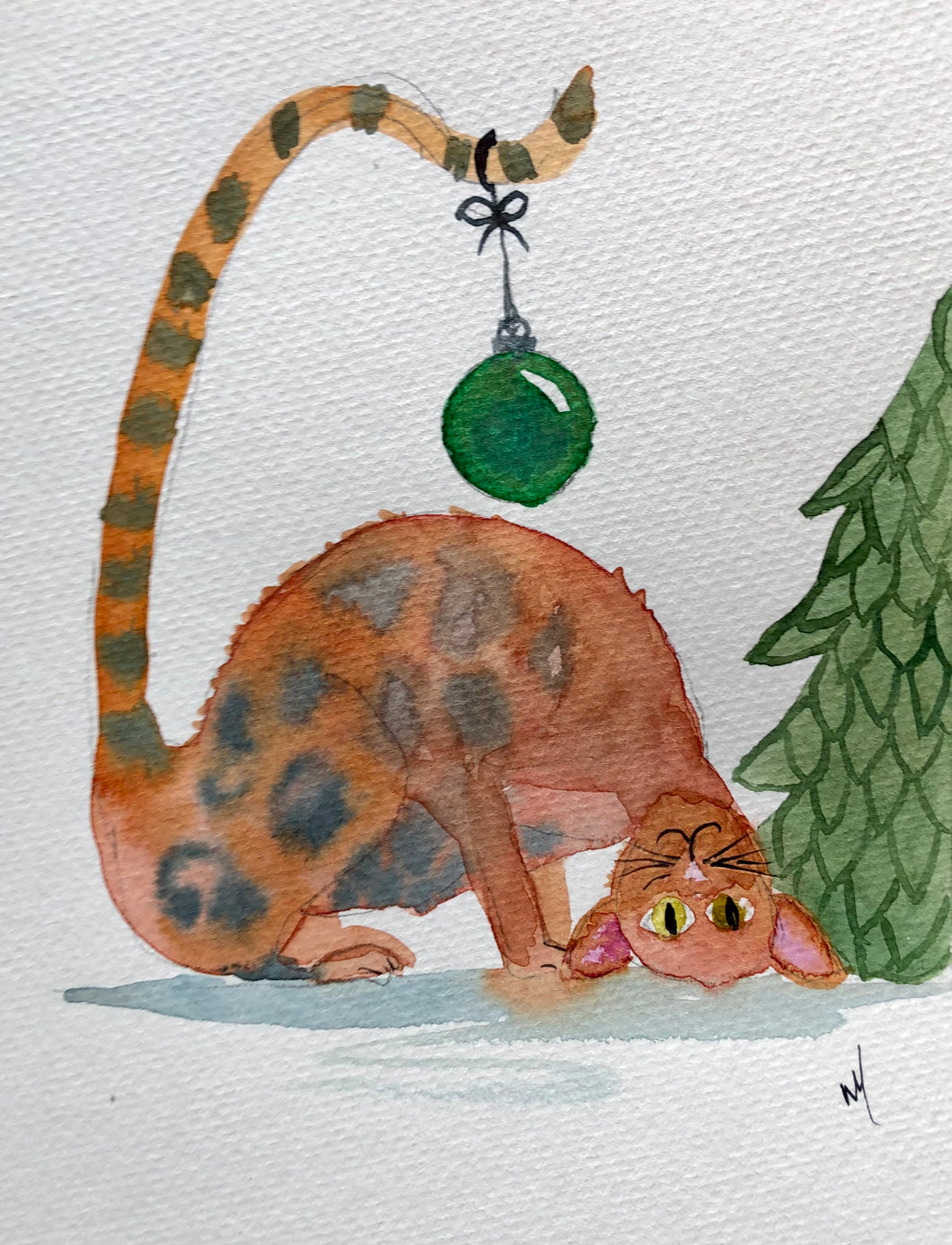 Cat with Christmas Ornament Watercolour Card