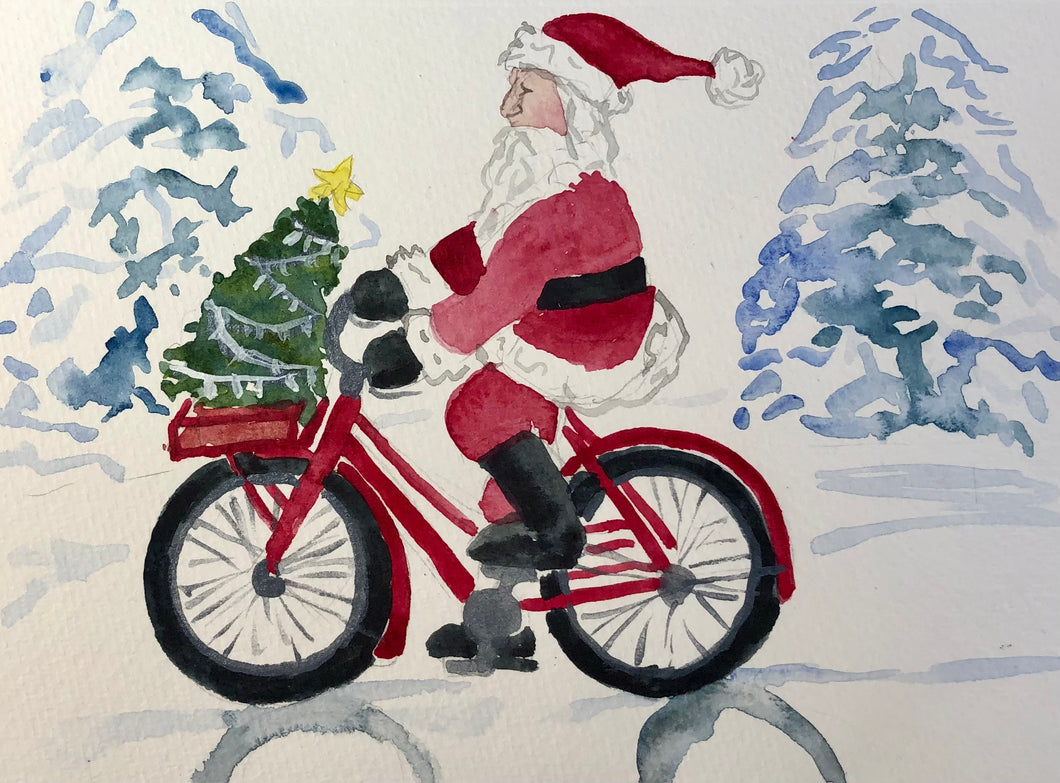 Santa on a Bicycle Watercolour Card