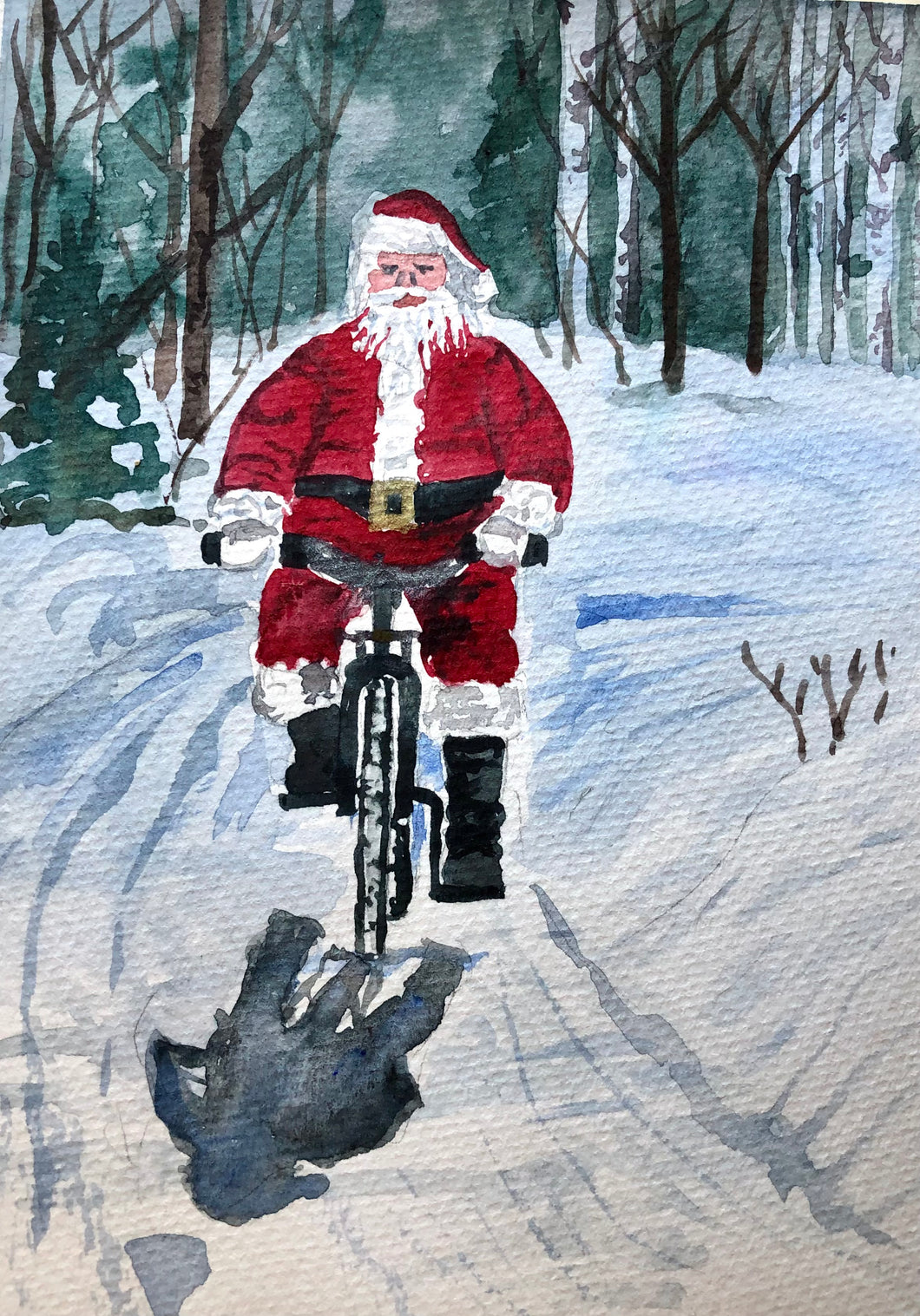 Santa on a Bicycle Watercolour Card
