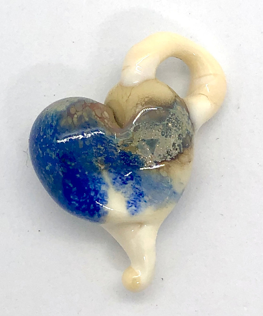 Lampwork Glass Bead Heart Pendant - Ivory with silver and blue
