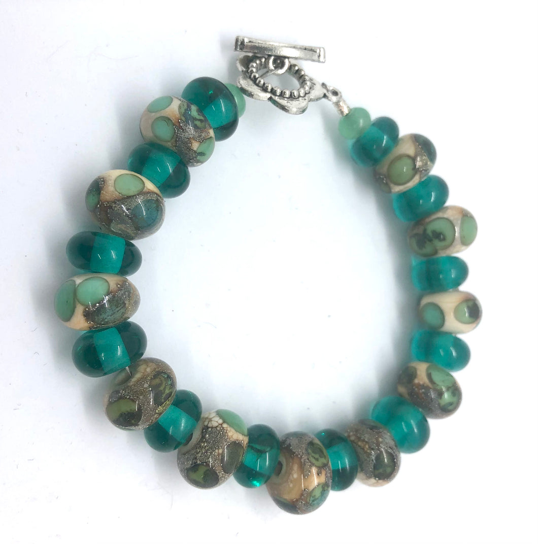 Lampwork Glass Bead Bracelet in Ivory, silver and teal