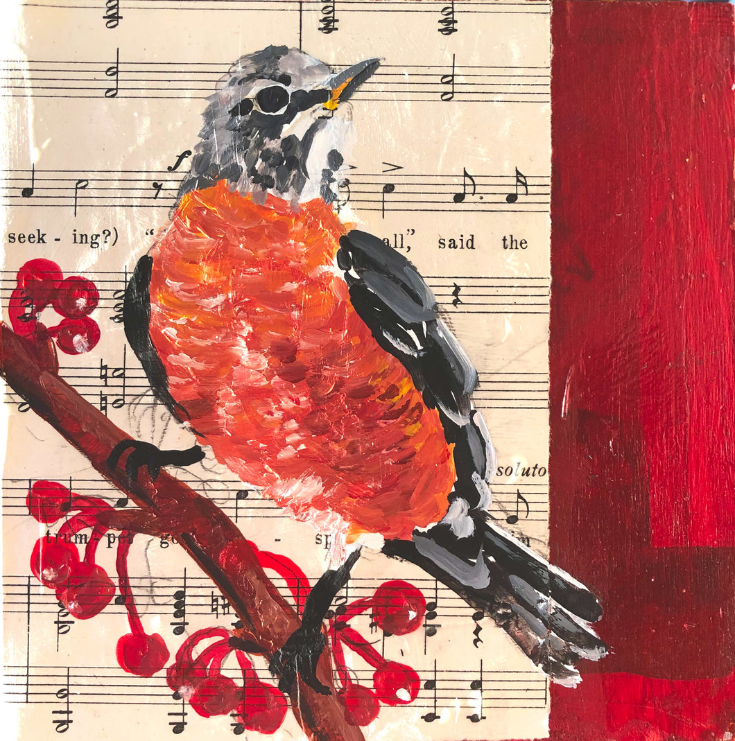 Robin's song - mixed media on birch