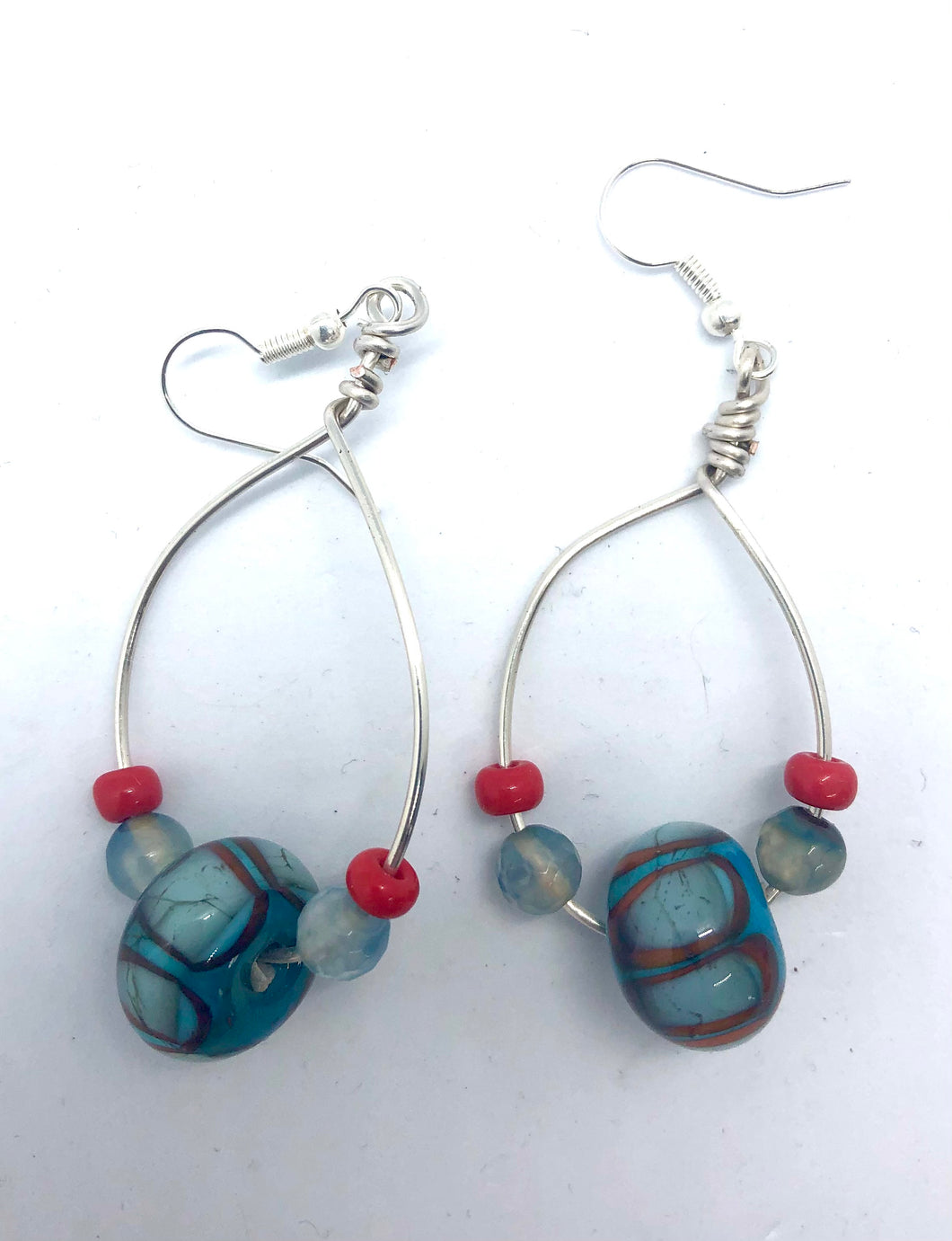 Loop Earrings in blue and orange- Lampwork Glass Bead Earrings
