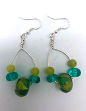 Load image into Gallery viewer, Loop Earrings in green and teal- Lampwork Glass Bead Earrings
