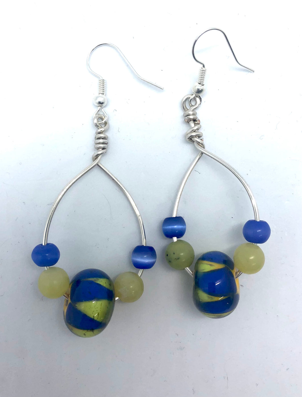 Loop Earrings in green and blue- Lampwork Glass Bead Earrings