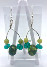 Load image into Gallery viewer, Loop Earrings in green and teal- Lampwork Glass Bead Earrings
