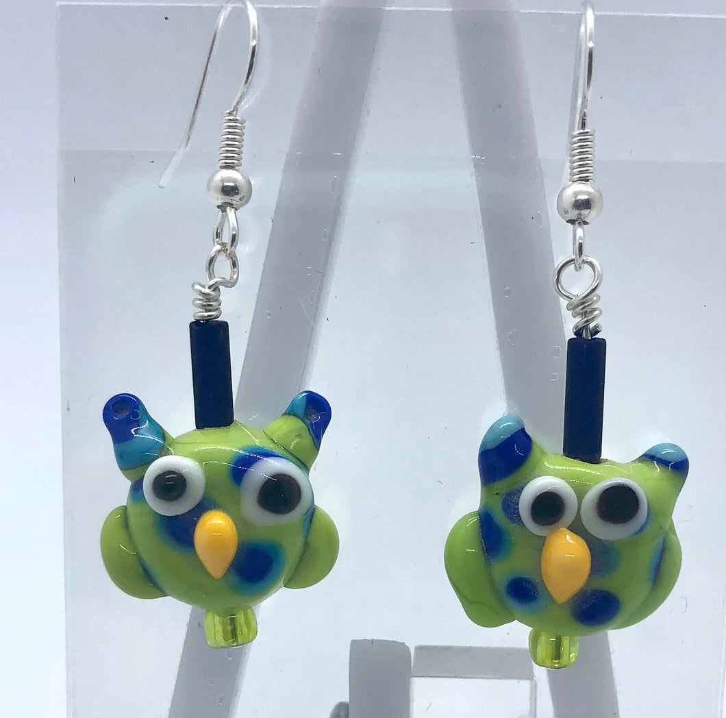 Green Polka Dot Owls-Lampwork Glass Bead Earrings
