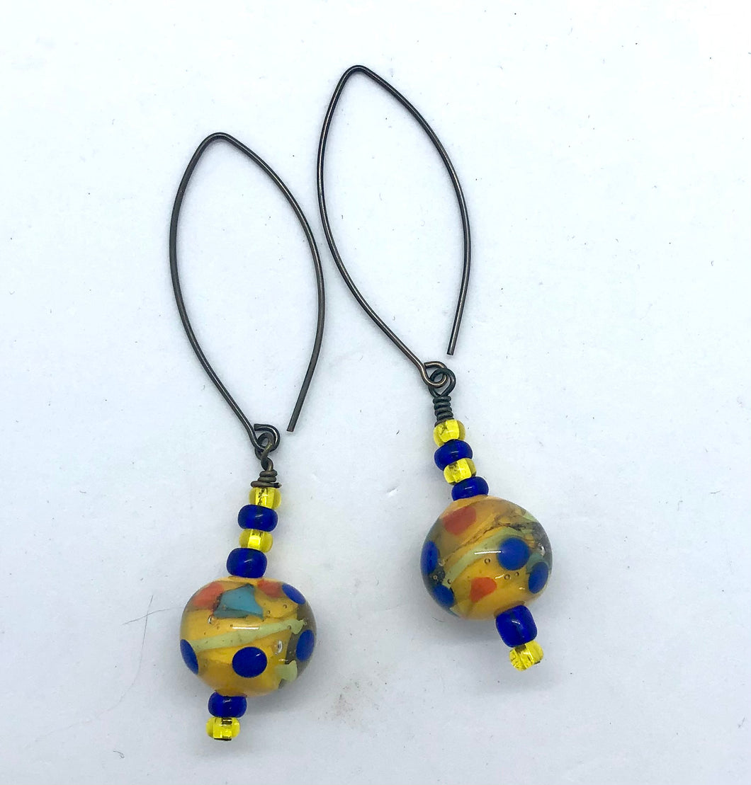 Yellow with blue, green and orange Lampwork Glass Bead Earrings
