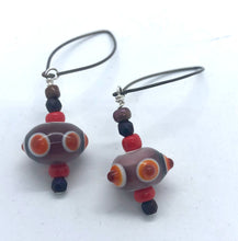 Load image into Gallery viewer, Purple core with white, orange and purple dots - Lampwork Glass Bead Earrings
