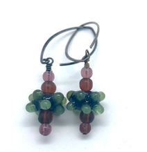 Load image into Gallery viewer, Purple and Raised Green Dots Lampwork Glass Bead Earrings
