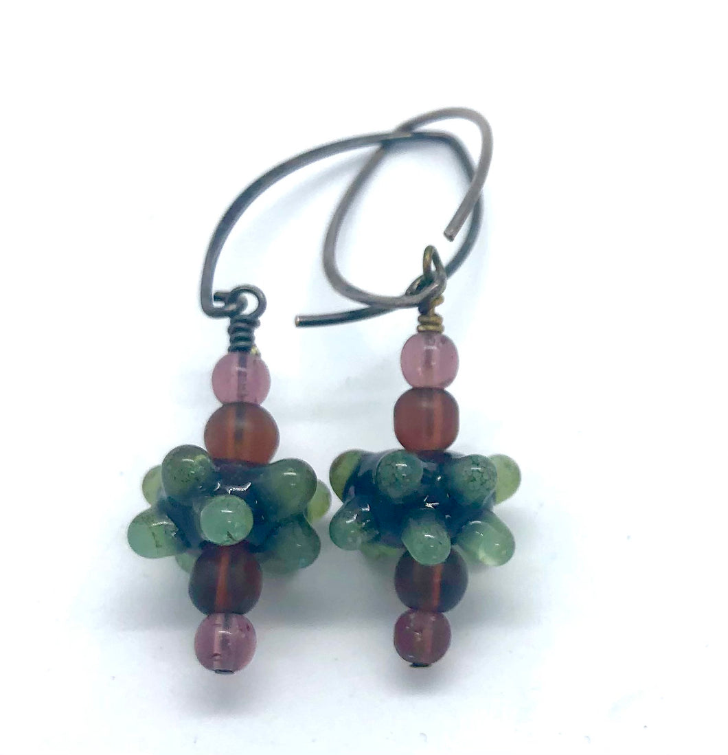 Purple and Raised Green Dots Lampwork Glass Bead Earrings