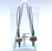 Load image into Gallery viewer, Ivory with swirls in green, blue and rust - Lampwork Glass Bead Earrings
