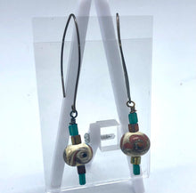 Load image into Gallery viewer, Ivory with swirls in green, blue and rust - Lampwork Glass Bead Earrings
