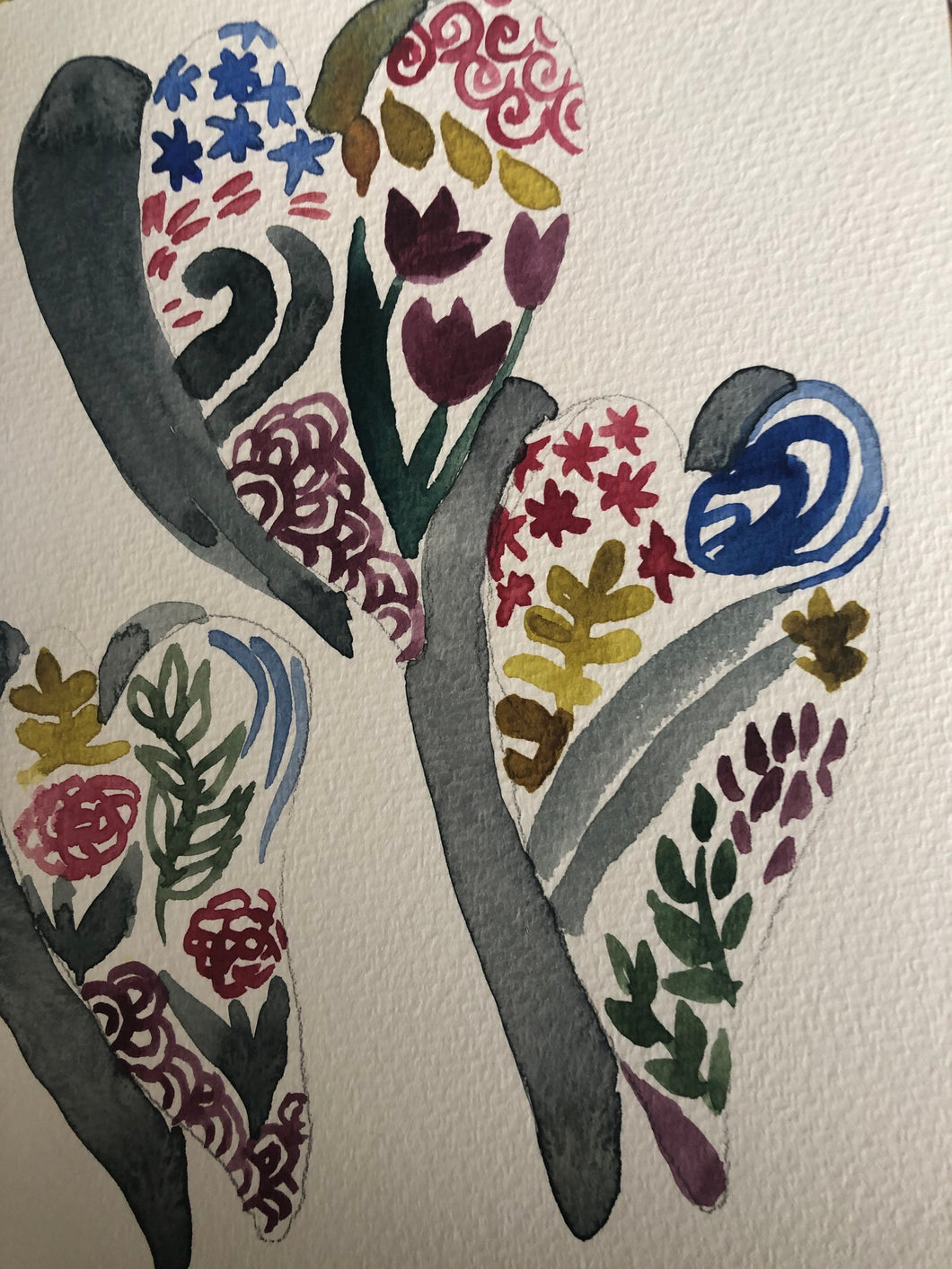 3 Hearts with florals watercolour card