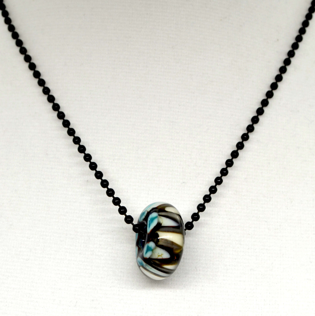Black, teal and white glass bead on ball chain