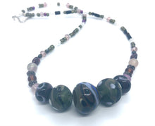 Load image into Gallery viewer, Grey with black, white, purple and blue lampwork bead necklace
