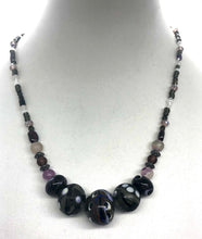 Load image into Gallery viewer, Grey with black, white, purple and blue lampwork bead necklace
