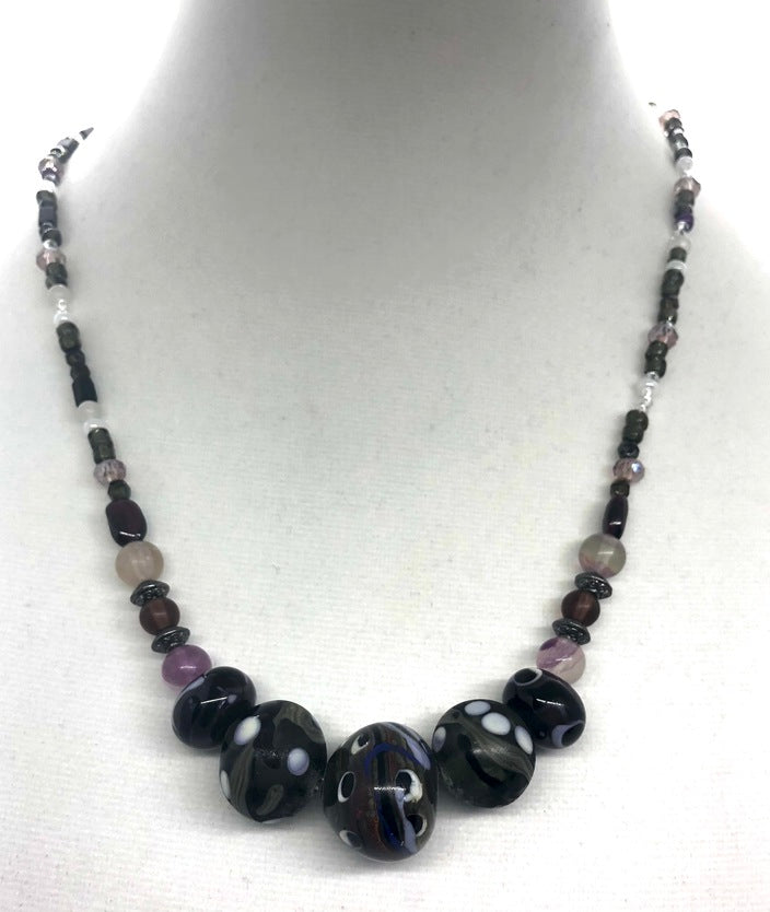 Grey with black, white, purple and blue lampwork bead necklace