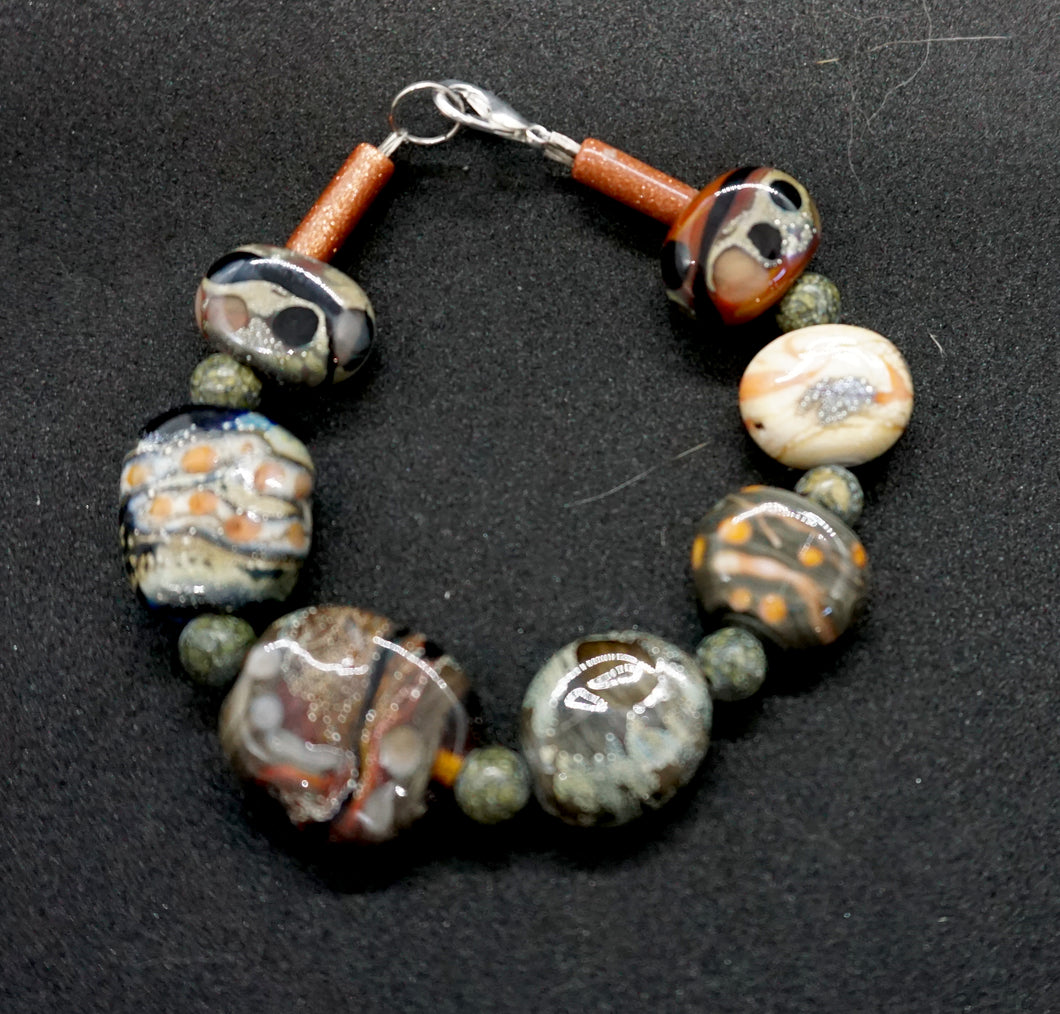 Lampwork glass bead bracelet- neutrals with silver foil