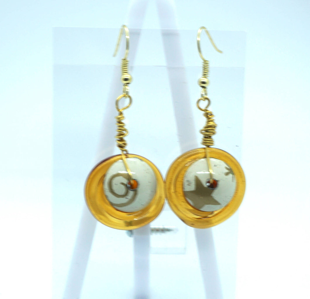 Lampwork bead earrings - ivory and gold with tin