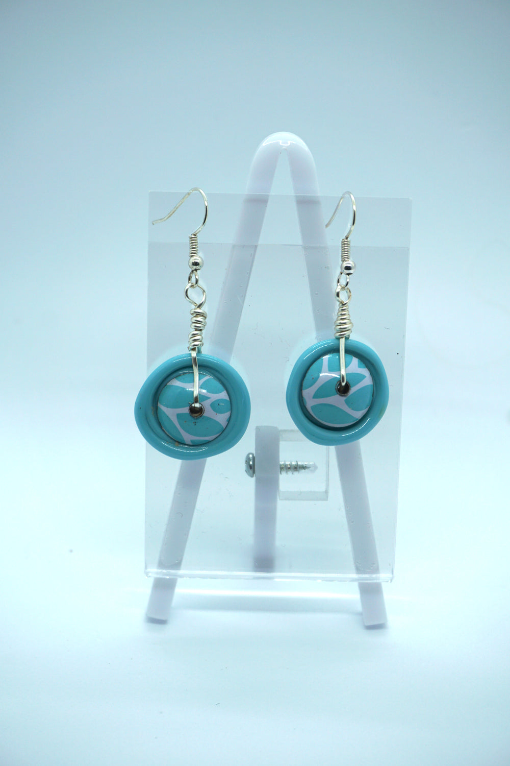 Lampwork glass bead earrings in blue and white with tin