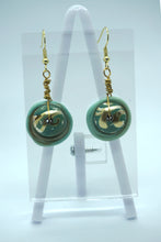 Load image into Gallery viewer, Lampwork Glass bead and vintage tin earrings in aqua and gold tone
