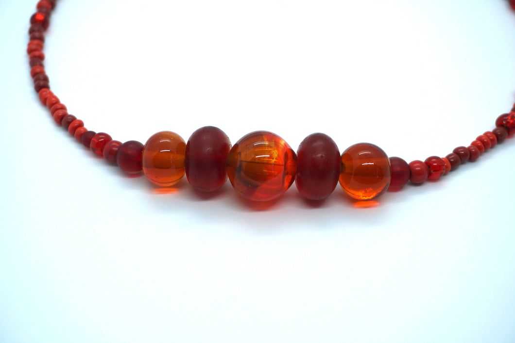 Red and Orange hollow lampwork glass bead necklace