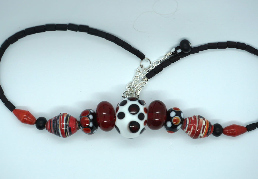 Lampwork bead necklace in red, white and black