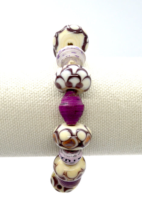 Dots, Dots, Dots -Lampwork Glass Bead Bracelet in Ivory and Purple