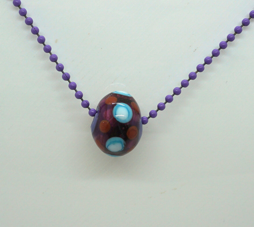 Lampwork Bead on Ball Chain in Purple, White and Blue