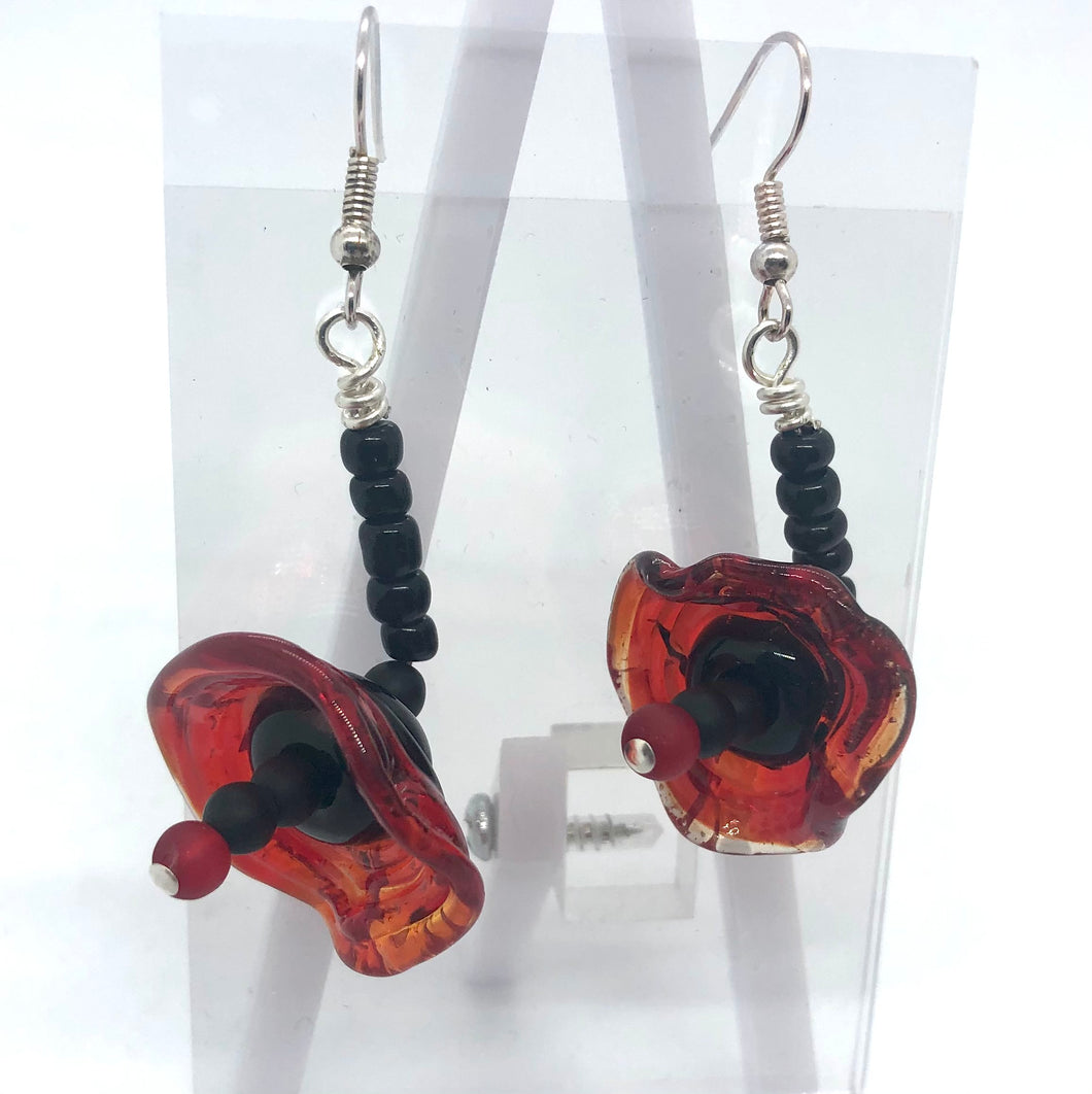 Lampwork Glass Bead Earrings - black and red poppies