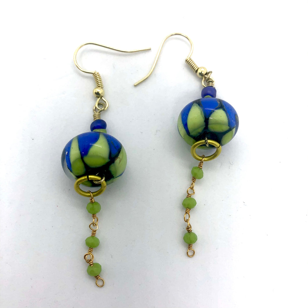 Lampwork Glass Bead Earrings - blue and green