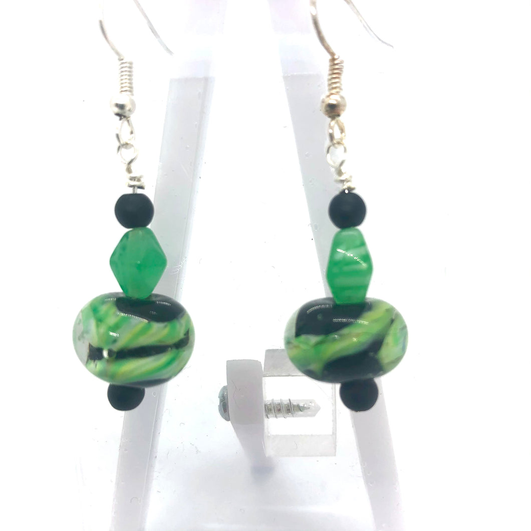 Lampwork Glass Bead Earrings - greens and black